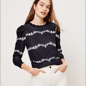 Loft floral puff sleeve sweater navy